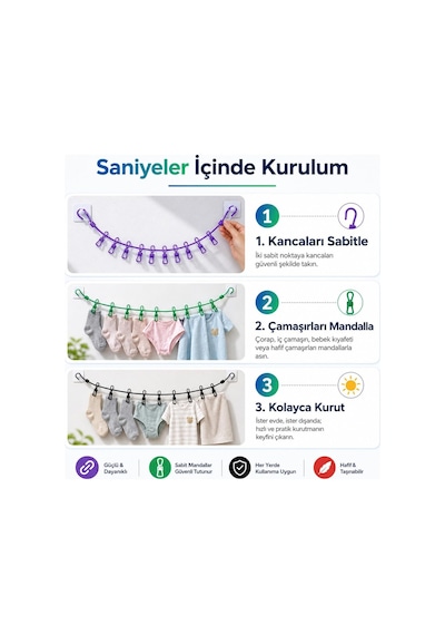 Sogud Çamaşır Asma İpi, 12 Mandallı Portatif Seyahat Çamaşır İpi, Taşınabilir Elastik Kurutma Askısı, Kamp Diğer