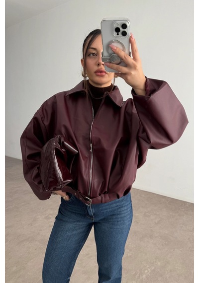 Pop Story Kadın Oversize Bomber Premium Deri Ceket Kemerli Bordo Bordo