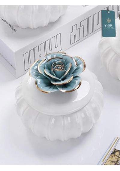 Flowers Kapaklı Çiçekli Dekoratif Seramik Saklama Kutusu / Takı Kutusu