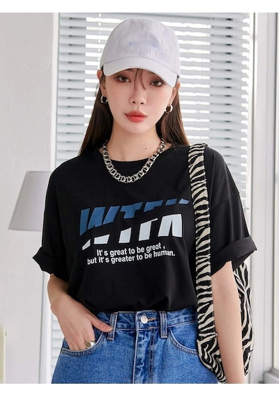 Wtfk T-shirt - Siyah Baskılı Oversize Bisiklet Yaka Kısa Kol Siyah