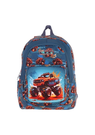Kaukko Kids Üç Bölmeli Yeşil Kırmızı - Arazi Aracı Baskılı Erkek Çocuk Okul Ve Günlük Sırt Çantası - L5282 Yeşil - Kırmızı