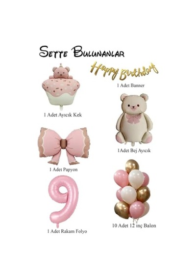 Retro Ayıcık Temalı Kız Bebek Konsept Doğum Günü Seti 9 Genel