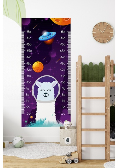 Lama Uzayda Temalı Dekoratif Çocuk Boy Ölçer Sticker Duvar Cetveli Takip Çizelgesi Mor