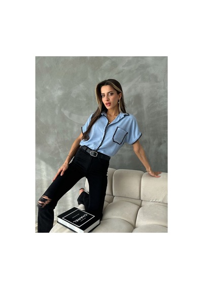 Verymoda Çoban Dikişli Keten Gömlek - D2597 Mavi