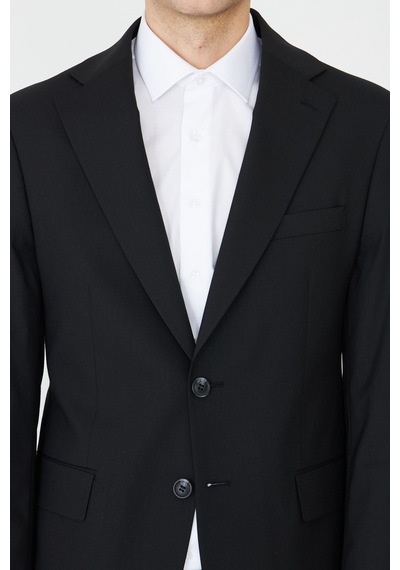 Siyah Modern Slim Fit Dokulu Kumaş Klasik Yaka Takım Elbise Siyah