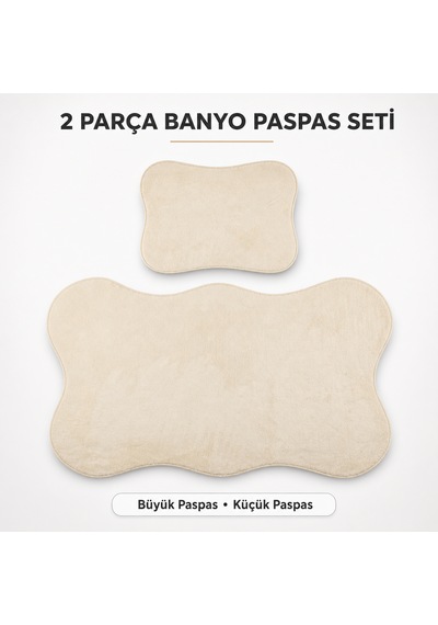 2 Li Banyo Paspası Halısı Seti Kaymaz Tabanlı Yıkanabilir Klozet Takımı Krem