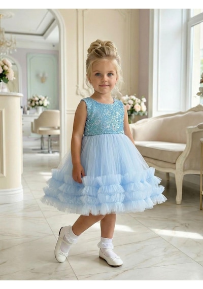Butikhappykids Kız Çocuk Mavi Payetli Volanlı Tüllü Prenses Abiye Elbise 1-6 Yaş Mavi