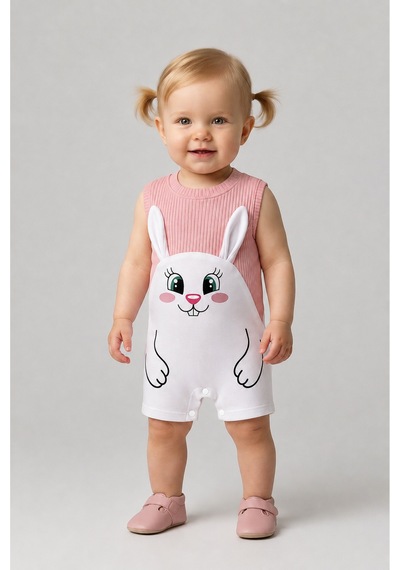 Babyden's Kız Bebek Tulum Yazlık %100 Pamuk Ribana Kolsuz Tavşan Baskılı Çıtçıtlı Bebek Tulumu 0-9 Ay Somon