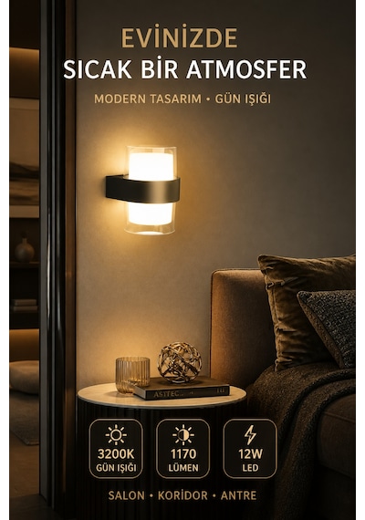 Astec Dairesel 12w Led Duvar Aplik 3200k Gün Işığı Siyah İç Dış Mekan Balkon Bahçe 220 Volt Elektrikli