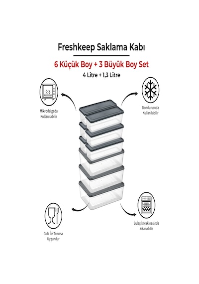 9 Adet Saklama Kabı 3 Büyük-6 Orta Boy 4 Litre + 1,3 Litre Derin Dondurucu Mikrodalga Uyumlu Gri