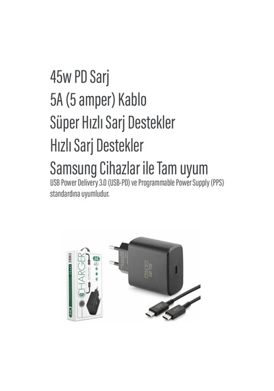 Exenar - Siyah - Samsung Galaxy Tab S7 / Fe / Plus / 5g / Wifi İle Uyumlu Şarj Aleti 45w Süper Hızlı Şarj