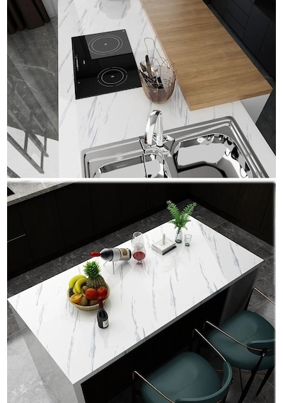 5 Metre X 60 Cm Mermer Folyo Kağıt Beyaz Yapışkanlı Mermer Görünümlü Masa Tezgah Dolap Mutfak Banyo