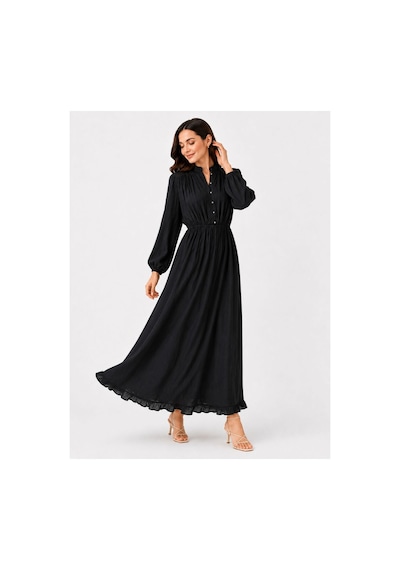 Hira Life Fashion Kadın Çilek Kumaş Ve Önü Düğmeli Eteği Fırfırlı Hakim Yaka Elbise Siyah Siyah Hira Life Fashion Kadın Çilek Kumaş Ve Önü Düğmeli Eteği Fırfırlı Hakim Yaka Elbise Siyah Siyah