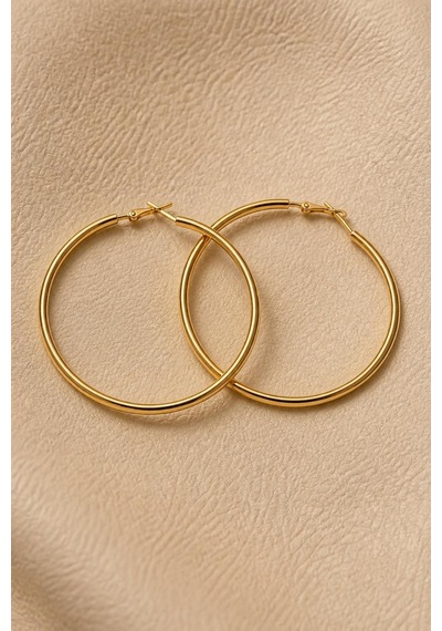 Gold Renk 66 Mm Düz Çelik Klasik Halka Küpe - Minimalist Klipsli Halka Küpe
