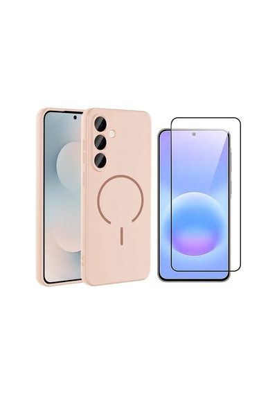 Vendas Samsung Galaxy Uyumlu S26 Fe Kılıf M-safe Şarj Özellikli Zore Meta Kapak + 9h Cam Ekran Koruyucu Rose Pembe