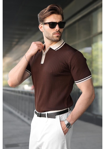 Madmext Kahverengi Yarım Fermuarlı Polo Yaka Triko Erkek Tişört E7501