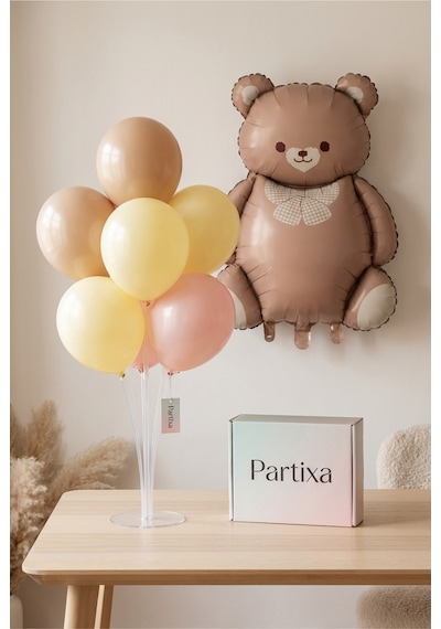 Retro Krem Fiyonklu Kahverengi Ayıcık Balon Stand Seti Şeffaf 7 Li Stand + Ayıcık Folyo Balon 89 65 Cm + 7 Lateks Balon