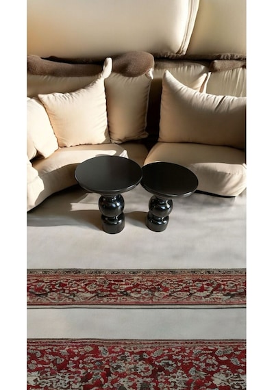 Wood Ahşap 2'li Set Vazo Mantar Yan Sehpa Modern Fiskos /siyah Renk / Zigon Sehpa Vernikli Siyah