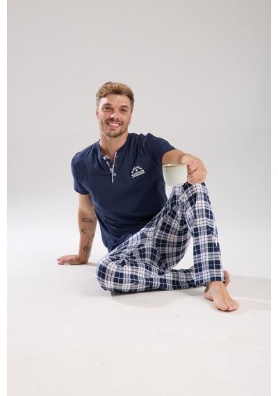 Akbeniz Erkek Lacivert Düğmeli Yaka Kısa Kol Pijama Takımı