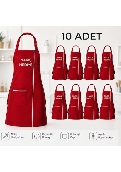 10 Adet Mutfak Önlüğü Kırmızı Unisex Nakış Ayarlanabilir Boyun Askılı Cepli Önlük