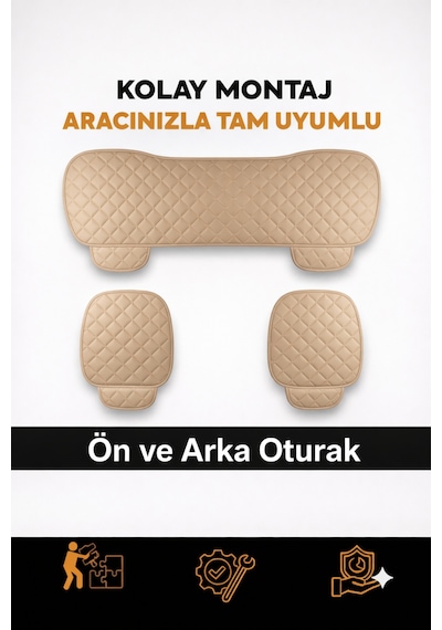 Nissan Note 2006-2012 Üniversal 3 Parça Deri Oturak Oto Koltuk Minderi Kaymaz Taban Bej