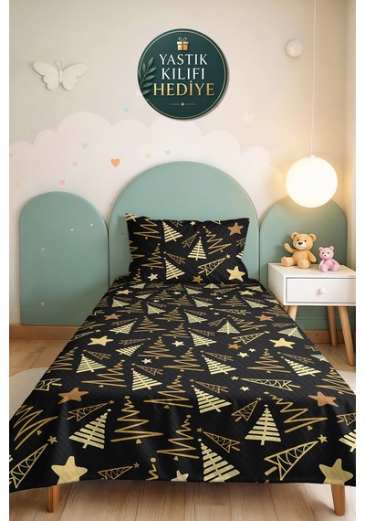 Yılbaşı Çam Ağacı Siyah Genç Odası Tek Kişilik Pike Takımı - Yıldızlı Altın 160x220 Cm Yatak Örtüsü Hafif Kabuğu Serabı