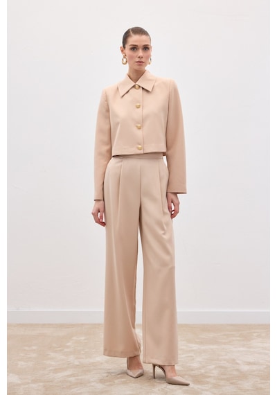 Sateen Düğmeli Kısa Ceket - Bej-136590 Bej