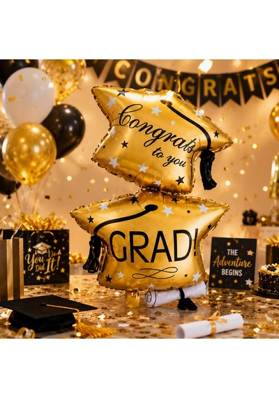 Folyo Balon Mezuniyet Partisi Gold Altın Çift Katlı Grad Yazılı Kepli Parti Süsü Dekoru 13+