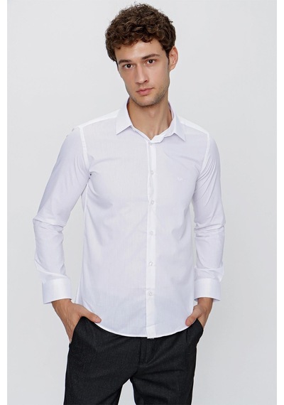 İmza Beyaz Uzun Kol Düz Bez Ayağı 041 Sert Yaka Basic Slim Fit Gömlek 1004245057 Beyaz