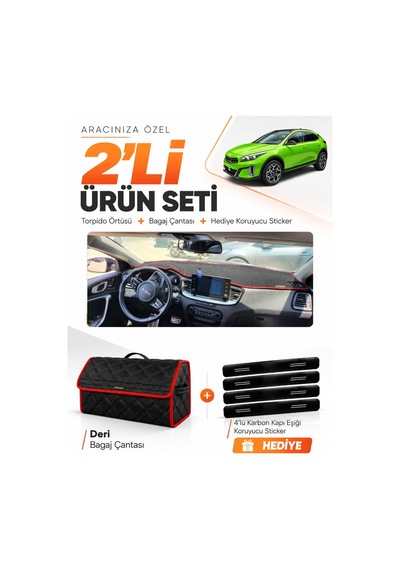 Kia X-ceed 2020-2025 Uyumlu Torpido Örtüsü + Deri Bagaj Çantası + Sticker Seti - Siyah Kırmızı