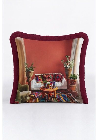 Etnik Otantik Şark Köşesi Saçaklı Yastık Kılıfı - Kiremit Bordo Püsküllü Kırlent Kılıfı - 40x40 Cm Uzak Düş Halo