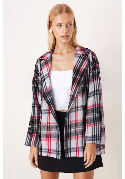 Armonika Kadın Siyah-kırmızı Erkek Yaka Yanları Yırtmaçlı Oversize Ceket Arm-26k001009