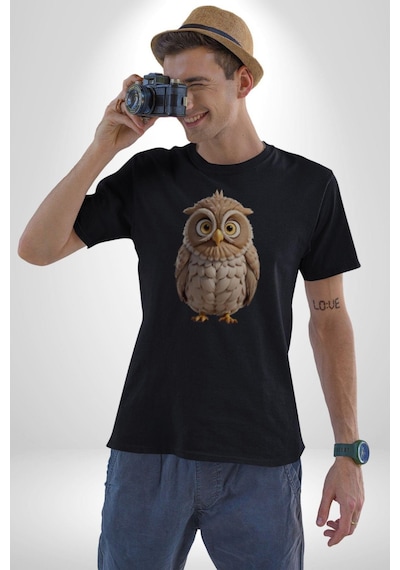 Baykuş Unisex Unisex Siyah Organik Baskılı T-shirt Penye Yüksek Kalite Siyah