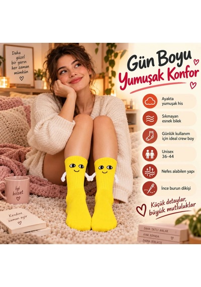 Womanandkids Wak Mıknatıslı El Ele 2'li Unisex Tutuşan Sevimli Çorap 36-44 Çift Hediyesi, Pamuklu Renkli Crew M Sarı