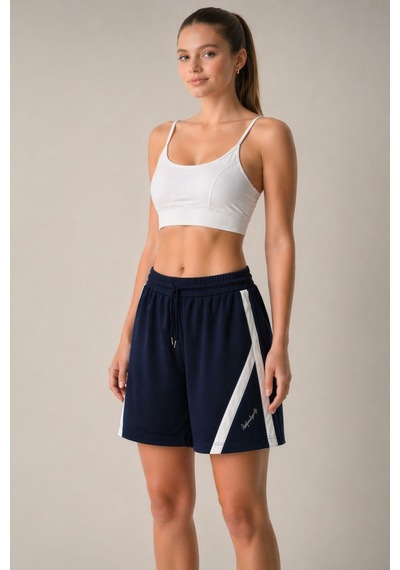 Soft&Basic Lacivert-beyaz Pamuklu Yumuşak Dokulu Şeritli Standart Fit Beli Lastikli Kadın Şort