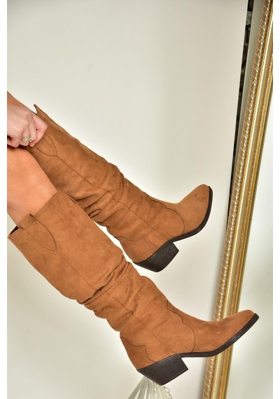Fox Shoes T404401002 Taba Süet Büzgülü Kadın Çizme Taba-Süet