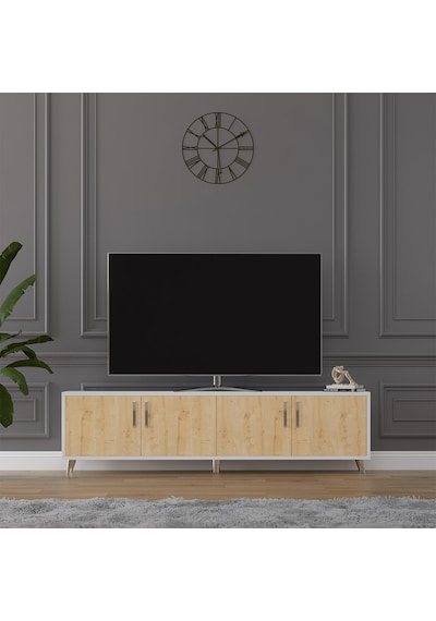 Asra Trend Tv Ünitesi T-02 %100 MDF 160 cm Tv Sehpası 4 Kapaklı Raflı Beyaz-Safir Meşe