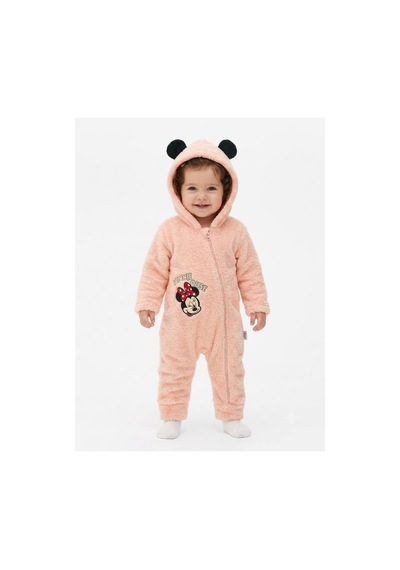 Chicsy Baby Tatlı Kız Bebek Minnie Mouse Welsoft Tulum Nakışlı Kulaklı Kapüşonlu Fermuarlı Peluş Kışlık Bebek Tulumu Somon