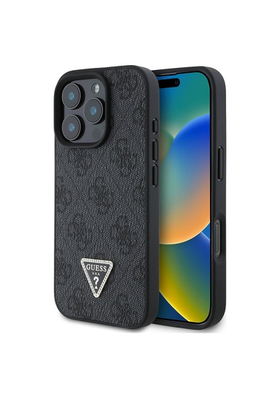 Apple Uyumlu iPhone 16 Pro Max Kılıf Guess Lisanslı Pu Deri Taşlı Üçgen Logo 4g Desenli Strass Kapak Siyah