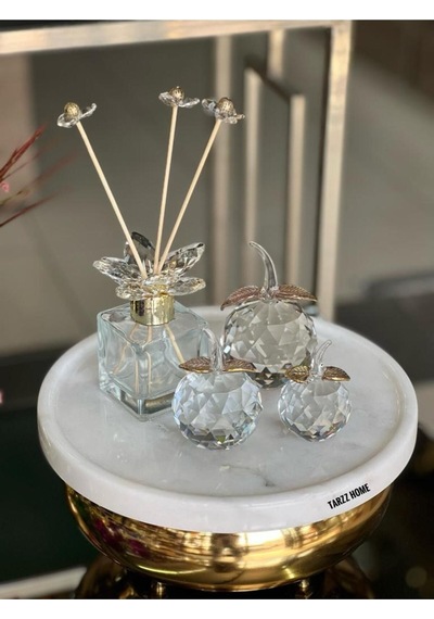 3'lü Kristal Elma Obje Sade Gold & Kristal Koku Şişesi Sade Gold Set