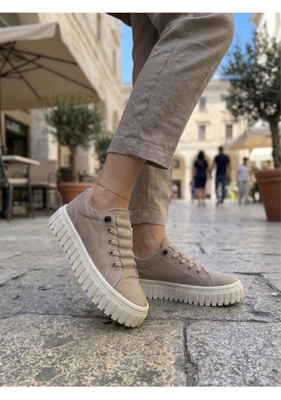 Gamelu Vıgor Kadın Lastikli Memory Foam Kalın Taban Keten Sneaker Ayakkabı Bej