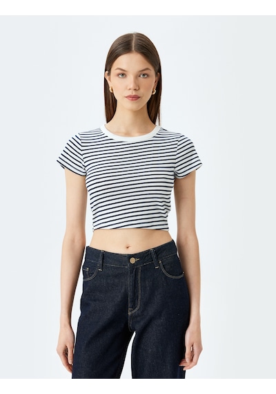 Koton Crop Bisiklet Yaka Kısa Kollu Slim Fit Tişört Lacivert Çizgili 5sal10192ık 7s2 Çok Renkli