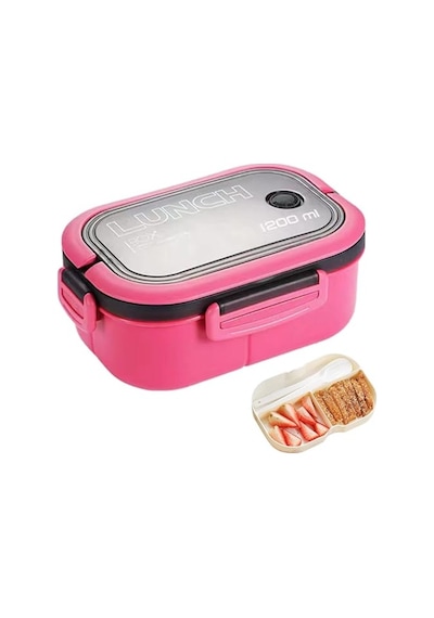 Busstier 1200 Ml 2 Katlı 6 Bölmeli Bpa'sız Pp Plastik Sefer Tası Ve Beslenme Çantası - Hava Kilitli Bento Lunch Box, Çatal Ve Kaşık Dahil Pembe
