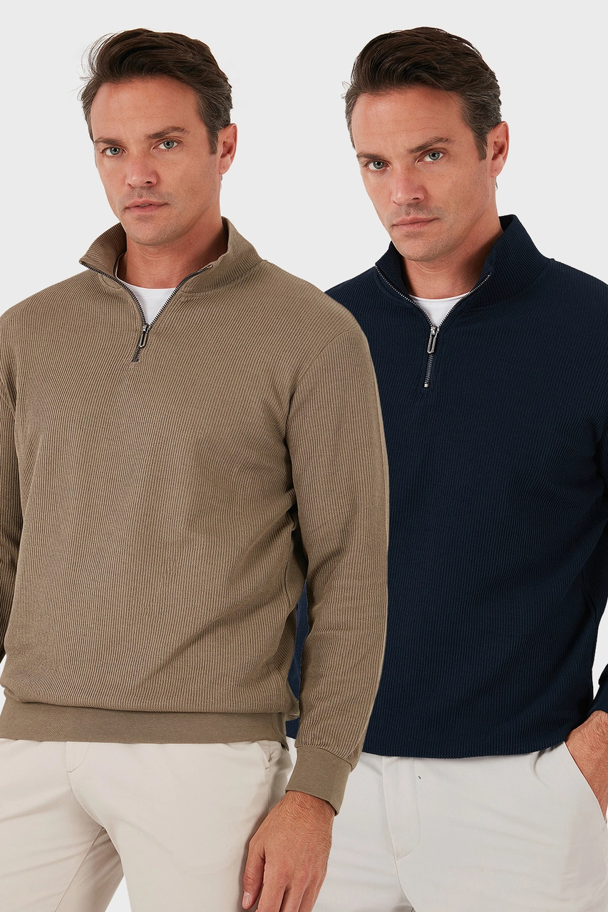 Buratti Pamuklu Regular Fit Yarım Fermuarlı Dik Yaka 2'Li Paket Erkek Sweat 5905716S2 Koyu Vizon-Koyu Lacivert