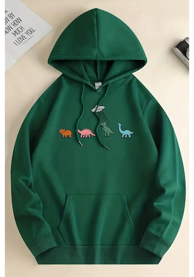 Uyguntarz Uzaylı Dinazor Baskılı Oversize Sweatshirt Yeşil