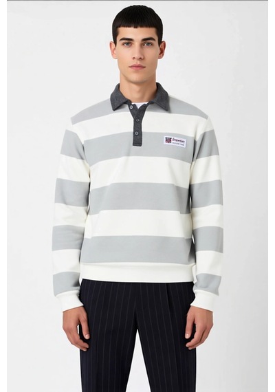 Benerly Erkek Polo Yaka Standart Kol Çizgili Sweatshirt Fonksiyonel Dayan Ekru