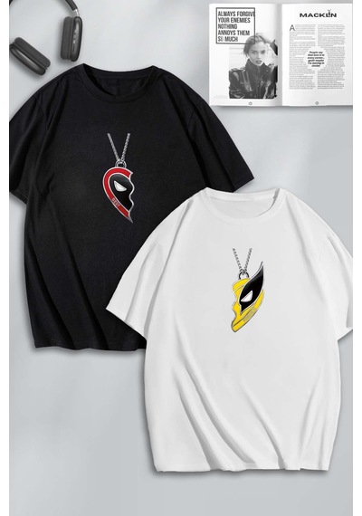 Unisex Erkek Kadın Deadpool Ve Wolverine Baskılı Sevgili Çift Kombini Tasarım Oversize T-shirt 2li Siyah Beyaz Mck0594 Siyah Beyaz