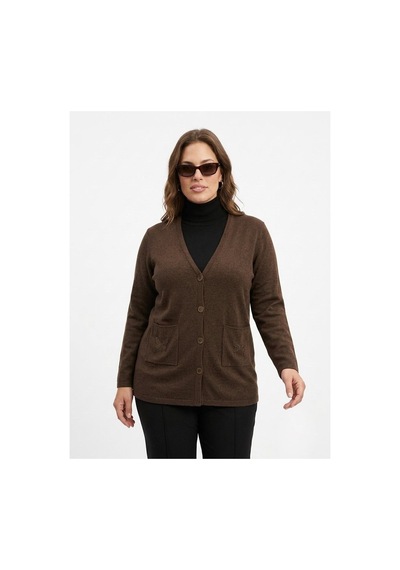 Onno Style Women Cebi Kelebek Taşlı Çelik Örgü Klasik Triko Ceket Kahverengi