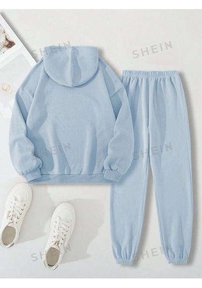 Basic Düz Eşofman Takımı Sweatshirt Jogger - Bebe Mavi Oversize Şardonlu Kapüşonlu Bej