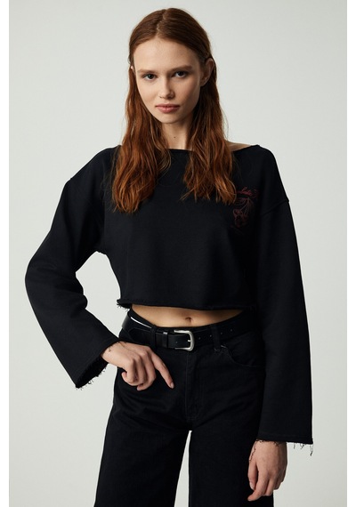 Ethıquet CARIBOU Kadın Asimetrik Yakalı Şardonsuz Tek Omzu Açık Baskılı Siyah Sweatshirt